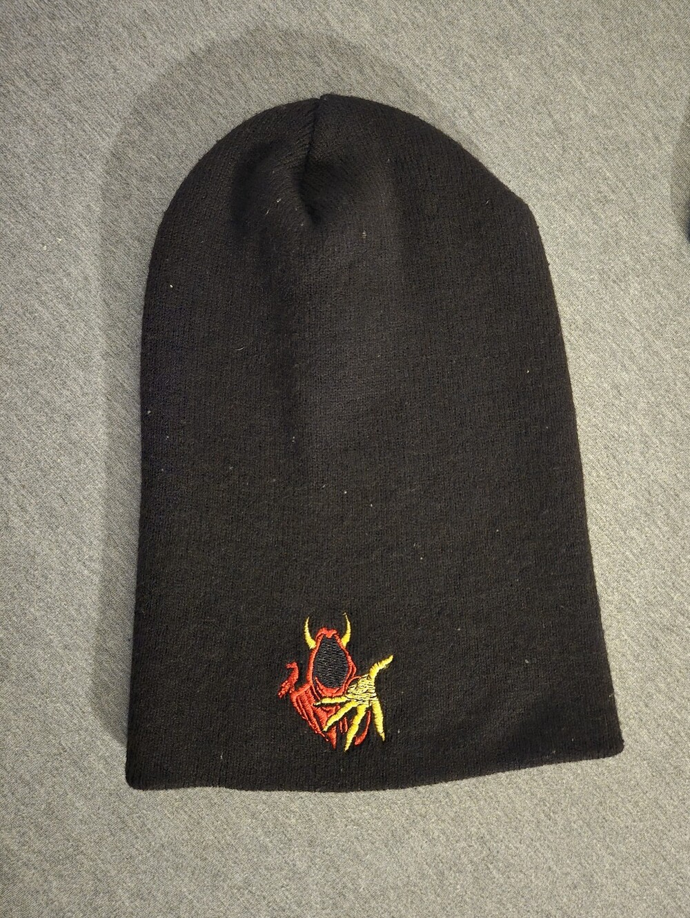 Black Beanie with Red & Yellow Embroidered Demon